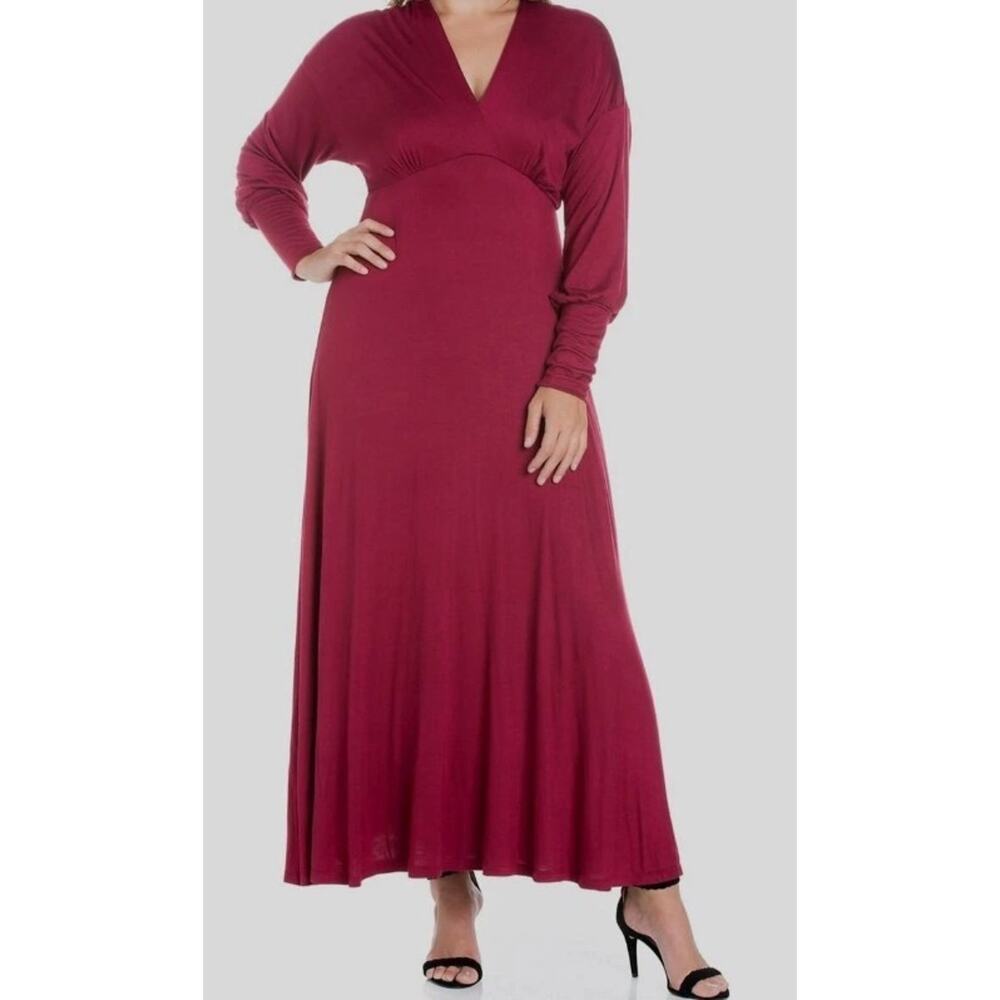 24Seven Comfort Apparel Women's V-Neck Long Sleeve Maxi Dress Red Wine Size L
